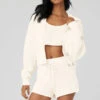 Cashmere Plush Waffle Full Zip Hoodie - Ivory