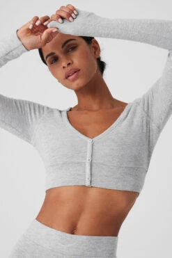 Alolux Cropped Me Time Cardigan - Athletic Heather Grey -Alo Fashion Store W3775R 02910 b1 s1 a4 1 m18