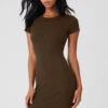 Goddess Ribbed Short Sleeve Dress - Espresso