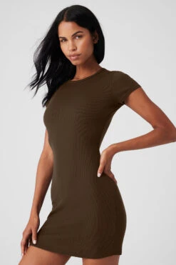 Goddess Ribbed Short Sleeve Dress - Espresso -Alo Fashion Store W8201R 04640 b1 s1 a4 1 m18