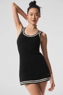 Tennis Club Sweater Knit Dress - Black/Ivory -Alo Fashion Store W8277R 03850 b1 s1 a1 1 m54