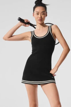 Tennis Club Sweater Knit Dress - Black/Ivory -Alo Fashion Store W8277R 03850 b1 s1 a3 1 m54