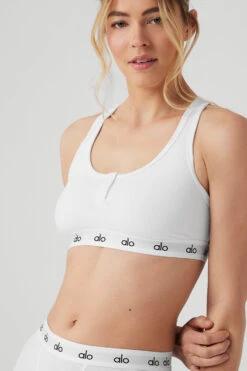 Icon Ribbed Henley Bra - White 9 Icon Ribbed Henley Bra - White -Alo Fashion Store W9316R 00 b1 s1 a4 2 m89