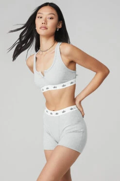 Icon Ribbed Henley Bra - Athletic Heather Grey -Alo Fashion Store W9316R 02910 b1 s1 a2 1 m54